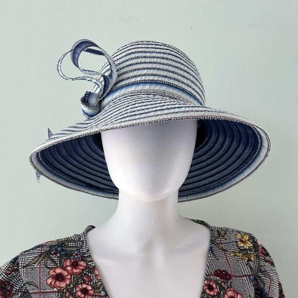 NWT Vintage Frank Olive By Gabriel Amar Blue White Kentucky Derby Picture Hat - Picture 1 of 7
